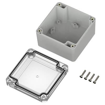 Elektronisches Gehäuse aus Kunststoff mit abnehmbarem transparentem Deckel und vier Schrauben, das zum Schutz von elektronischen Bauteilen verwendet wird.