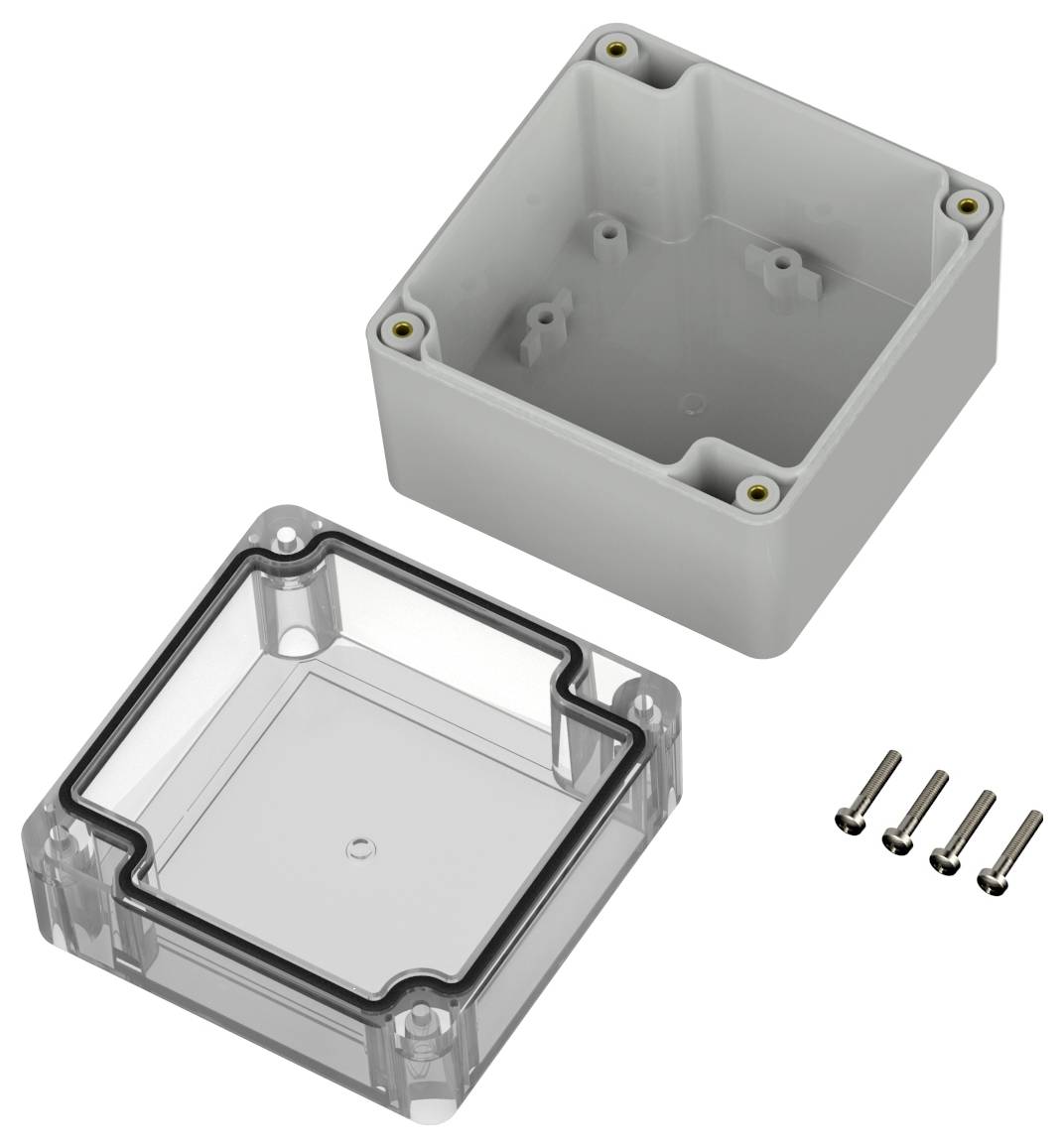 Ein elektrisches Gehäuse-Set mit transparentem Deckel, grauer Basis, Dichtung und vier Schrauben, das zum Schutz elektronischer Komponenten verwendet wird.