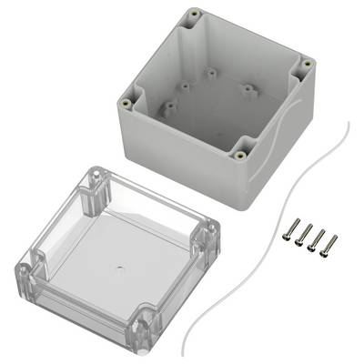 Elektrisches Gehäuse aus Kunststoff mit transparentem Deckel, gezeigt mit Schrauben und Dichtungsschnur. Geeignet zum Schutz von elektronischen Komponenten.