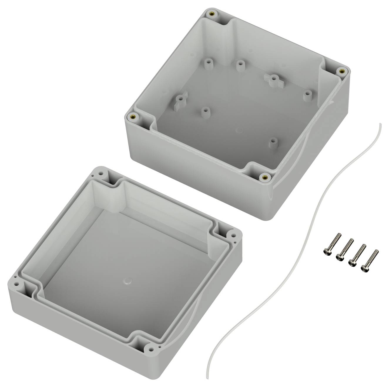 Zweiteiler Gehäuse aus grauem Kunststoff mit Deckel, Grundplatte, vier Schrauben und Dichtungsdraht. Geeignet zur Unterbringung elektronischer Bauteile.