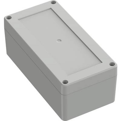 Eine graue rechteckige Plastikgehäuse mit flacher Oberseite, kleinen Schraubenbohrungen in jeder Ecke und einer zentralen Vertiefung.