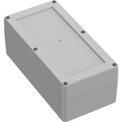 Eine rechteckige graue elektronische Gehäusebox mit sechs sichtbaren Schraubenöffnungen auf der Oberfläche, verwendet zur Unterbringung von elektrischen Komponenten.