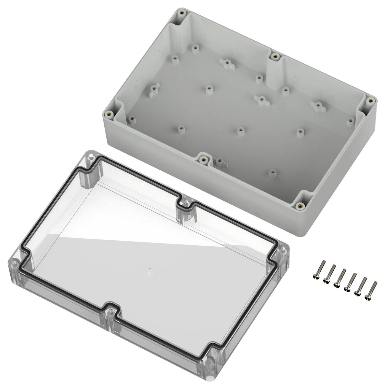 Ein rechteckiges Kunststoffgehäuse mit transparentem Deckel und mitgelieferten Schrauben, das für elektronische Projekte konzipiert ist. Der Deckel weist eine Dichtungsversiegelung zum Schutz auf.