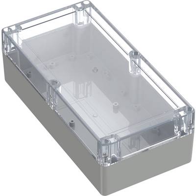 Ein transparenter Kunststoffgehäuse mit einem durchsichtigen Deckel und grauer Basis, verwendet zur Unterbringung von elektronischen Bauteilen, mit Befestigungslöchern versehen.