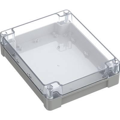 Eine rechteckige, transparente Kunststoff-Gehäusebox mit einer grauen Basis, versehen mit Eckschrauben und leicht erhöhten Kanten zum Schutz.