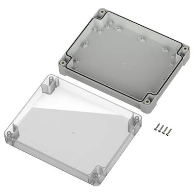 Durchsichtige Kunststoff-Gehäusebox mit abnehmbarem Deckel und vier Schrauben, die daneben positioniert sind und die Baukomponenten präsentieren.