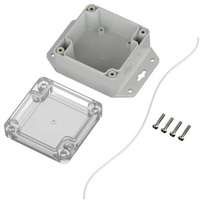 Eine transparente Kunststoff-Gehäusebox mit abnehmbarem Deckel, vier Schrauben und einer Dichtschnur, die zum Schutz elektronischer Komponenten verwendet wird.
