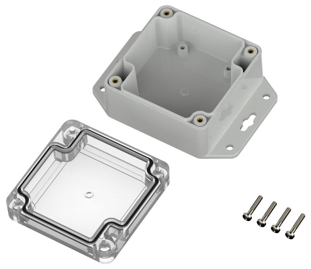 Ein kleines Kunststoffgehäuse mit durchsichtigem Deckel, geöffnet und neben vier Schrauben liegend, das zum Unterbringen elektronischer Komponenten vorgesehen ist.