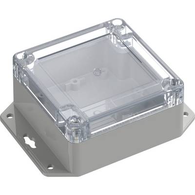 Ein transparentes Kunststoffgehäuse mit robuster, quadratischer Konstruktion, oben offen. Verwendet zum Schutz von elektronischen Komponenten oder Schaltkreisen.
