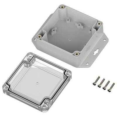 Kunststoff-Abzweigdose mit einem transparenten Deckel und vier Schrauben, die den geöffneten Deckel und den leeren Innenraum zeigt.