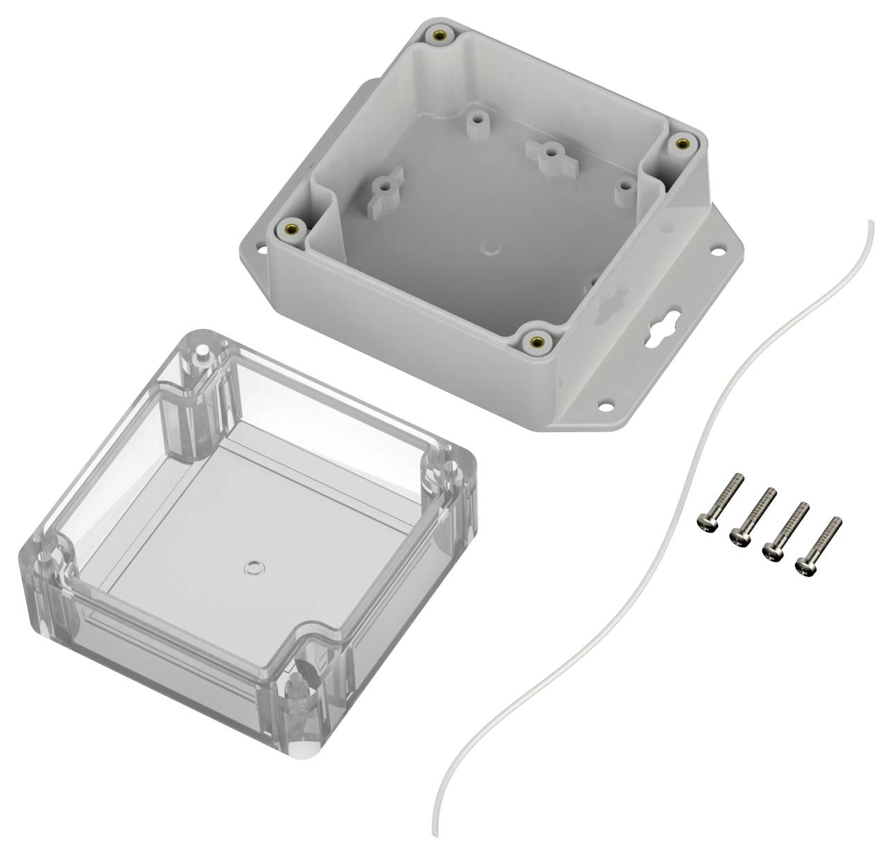 Ein Kunststoffgehäuse mit einem transparenten Deckel, Schrauben und einer Dichtungslasche, wahrscheinlich zur Unterbringung von elektronischen Komponenten.