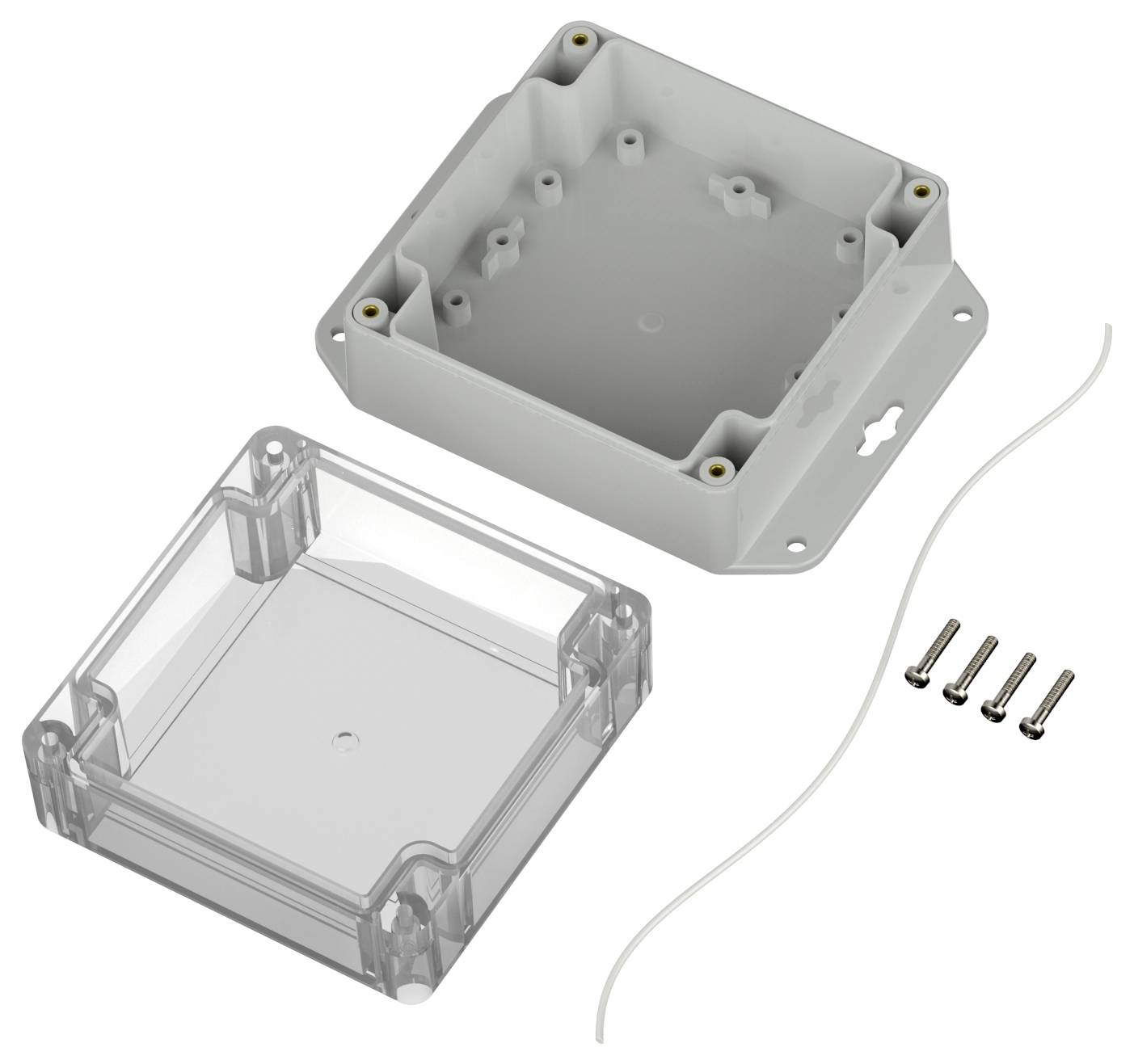 Das Bild zeigt ein zerlegt Kunststoffgehäuse mit einem transparenten Deckel, einer Basis, vier Schrauben und einer Dichtungsgasket, wie sie typischerweise für elektronische Projekte verwendet wird.