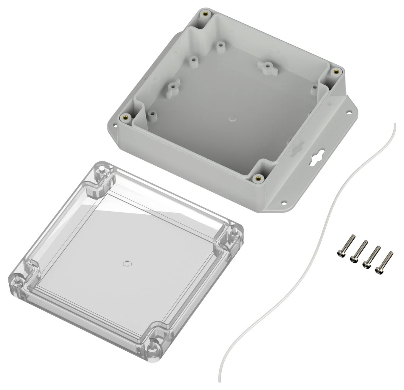 Kunststoffgehäuse mit transparentem Deckel, zerlegt dargestellt mit Schrauben und Dichtungsstreifen, geeignet für die Aufnahme elektronischer Komponenten.