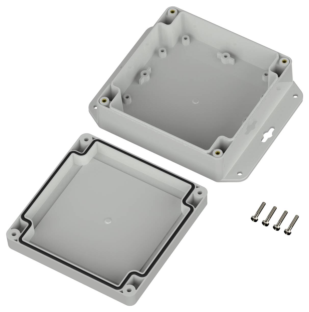 Eine offene, rechteckige Elektro-Verteilerdose aus Kunststoff mit einem separaten Deckel und vier Schrauben daneben.