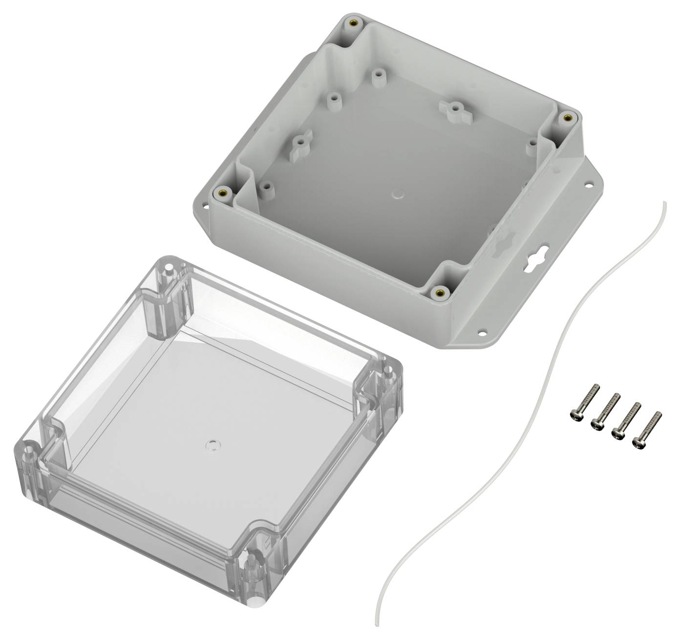Eine transparente Kunststoffabdeckung und eine graue Basis eines elektronischen Gehäuse-Kits, mit Schrauben und einem Kabel zur Montage, auf weißem Hintergrund.