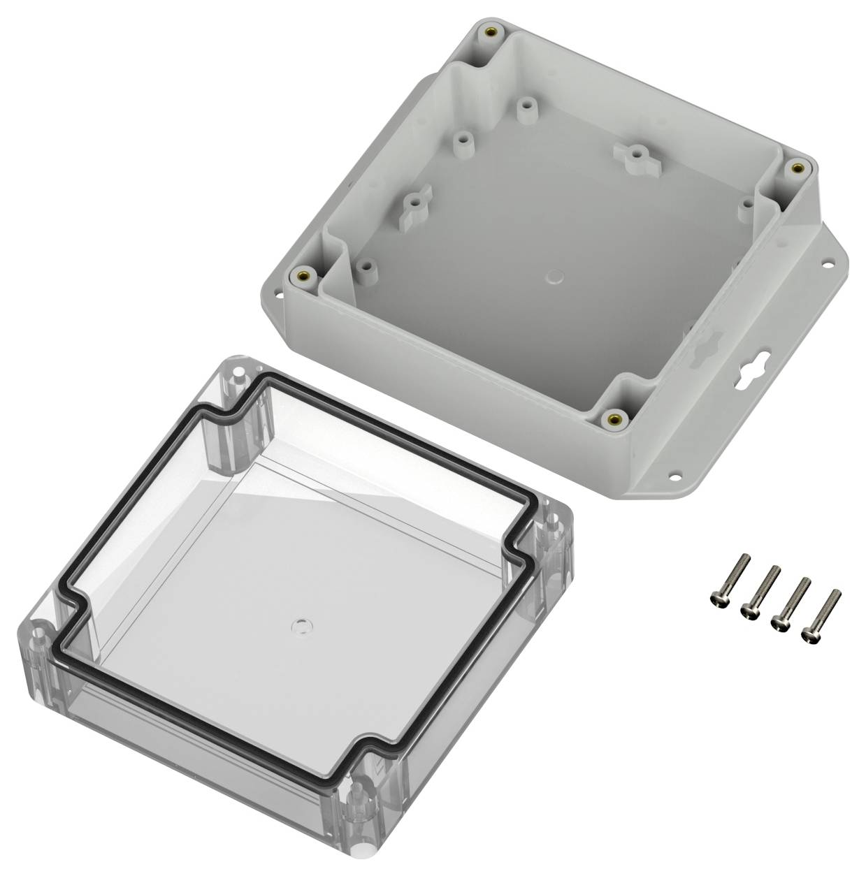 Eine zweiteilige rechteckige Kunststoffbox mit durchsichtigem Deckel, Dichtung und Befestigungsschrauben. Verwendet zur Einhausung von elektronischen Komponenten.