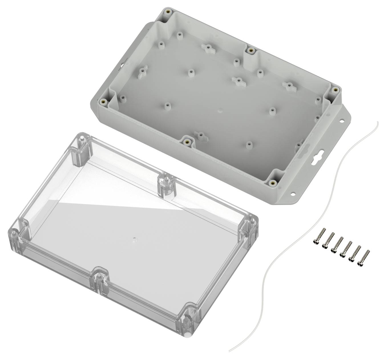 Rechteckiges Kunststoffgehäuse mit transparentem Deckel, einem Schraubensatz und einer Dichtungsmanschette, wahrscheinlich zur Aufnahme von elektronischen Komponenten verwendet.