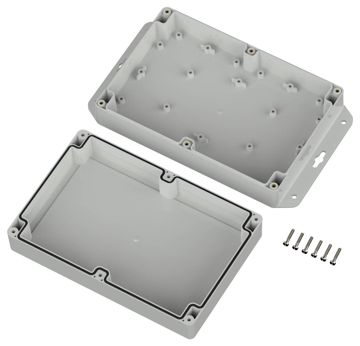 Ein grauer Kunststoffgehäuse mit einem abnehmbaren Deckel, der zerlegt neben sechs Schrauben gezeigt wird, vermutlich zum Unterbringen von elektronischen Komponenten verwendet.