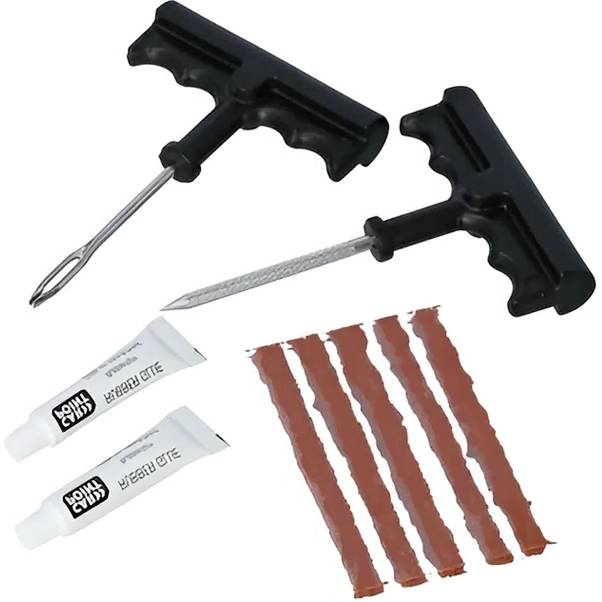 Ein Reifenreparaturset mit zwei T-Griff-Werkzeugen, fünf Gummireparaturstreifen und zwei Klebetüten.