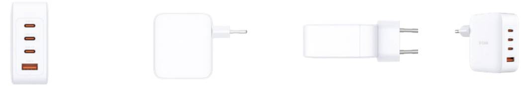 Weißer USB-Wandladegerät mit drei USB-Anschlüssen, aus verschiedenen Blickwinkeln gezeigt, um seine Funktionen und kompaktes Design zu präsentieren.