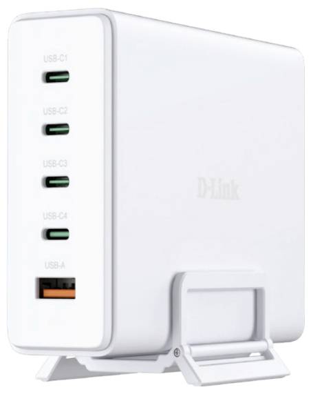 Weiße D-Link Ladestation mit vier USB-C-Anschlüssen und einem USB-A-Anschluss, auf einem Ständer für die Platzierung auf dem Schreibtisch präsentiert.