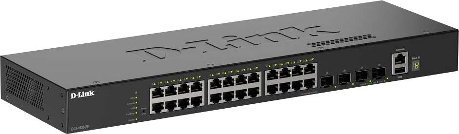 Netzwerkswitch mit 24 Ethernet-Ports und 4 SFP-Ports, ausgestattet mit einem D-Link-Logo.