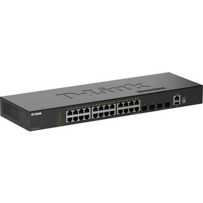 Netzwerkswitch mit 24 Ethernet-Ports und 4 SFP-Ports, ausgestattet mit einem D-Link-Logo.