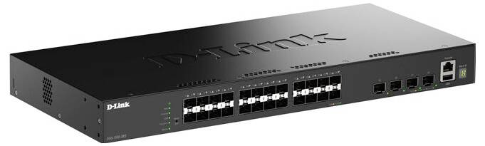 Ein schwarzer D-Link Netzwerk-Switch mit mehreren beschrifteten Anschlüssen und LED-Indikatoren auf der Frontplatte.