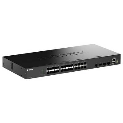 Ein schwarzer D-Link Netzwerk-Switch mit mehreren beschrifteten Anschlüssen und LED-Indikatoren auf der Frontplatte.