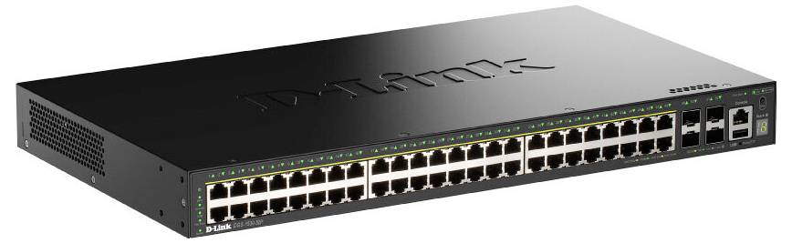 Ein Netzwerk-Switch mit 48 Ethernet-Ports und LED-Anzeigen auf der Frontplatte, der zum Verbinden mehrerer Geräte innerhalb eines lokalen Netzwerks (LAN) verwendet wird.