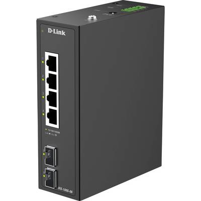 Ein schwarzer D-Link DIS-100G-6S industrieller Ethernet-Switch mit vier Netzwerkports und zwei SFP-Steckplätzen, verwendet für robuste Netzwerkverbindungen.