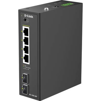 Schwarzer D-Link-Netzwerkswitch mit vier Ethernet-Ports und zwei zusätzlichen unteren Steckplätzen. LEDs auf der Oberseite zeigen Status und Aktivität an.