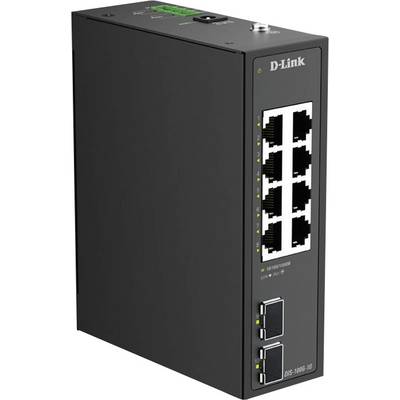 Ein industrieller Ethernet-Switch von D-Link mit sechs Anschlüssen wird gezeigt, der für Netzwerke in rauen Umgebungen geeignet ist.