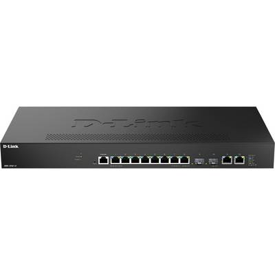 Ein schwarzer D-Link-Netzwerk-Switch mit zwölf Ethernet-Ports und zwei SFP-Ports auf der Frontplatte, der zum Verbinden mehrerer Geräte in einem Netzwerk verwendet wird.