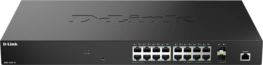 Ein schwarzer D-Link-Netzwerk-Switch mit sechzehn Ethernet-Ports, auf der Oberseite mit 'D-Link' beschriftet. Geeignet für die Verwaltung mehrerer Netzwerkverbindungen.