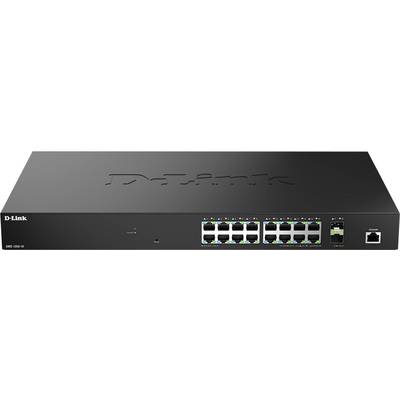 Ein schwarzer D-Link-Netzwerk-Switch mit sechzehn Ethernet-Ports, auf der Oberseite mit 'D-Link' beschriftet. Geeignet für die Verwaltung mehrerer Netzwerkverbindungen.