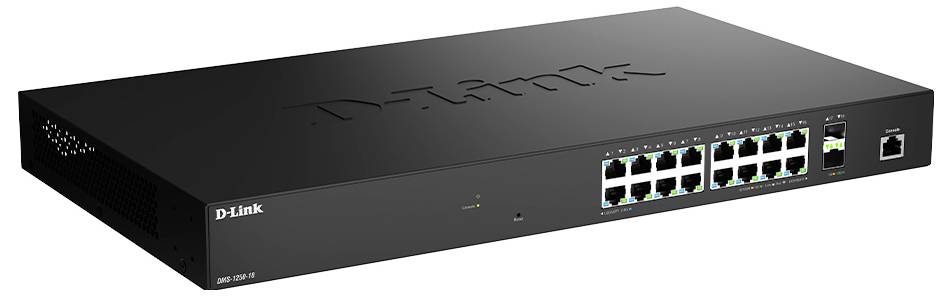 Ein schwarzer D-Link-Netzwerk-Switch mit 16 Ethernet-Ports und zusätzlichen Konnektivitätsoptionen, die auf dem Frontpanel angezeigt werden.