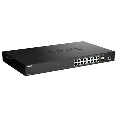 Ein schwarzer D-Link-Netzwerk-Switch mit 16 Ethernet-Ports und zusätzlichen Konnektivitätsoptionen, die auf dem Frontpanel angezeigt werden.