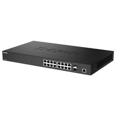 Ein schwarzer D-Link Netzwerk-Switch mit 16 Ethernet-Ports und LED-Anzeigen, der zur Verwaltung des Datenflusses in einem Netzwerk verwendet wird.