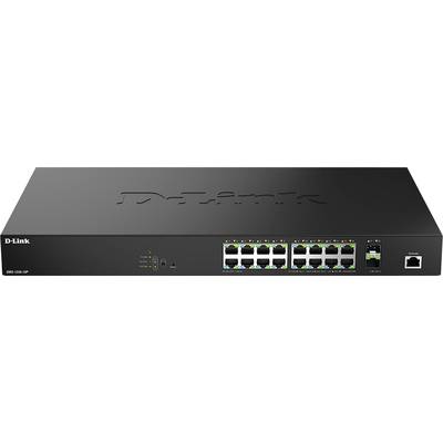 Ein schwarzer D-Link-Netzwerk-Switch mit mehreren Ethernet-Ports und Anzeigelichtern auf dem Frontpanel.
