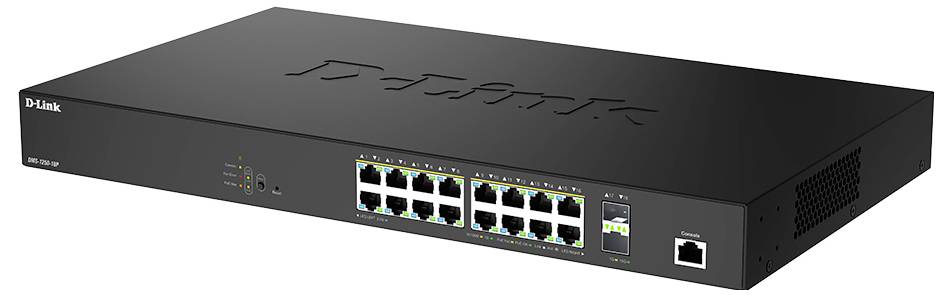 Ein schwarzer D-Link-Netzwerk-Switch mit 16 Ethernet-Ports und Indikatorleuchten, entwickelt zur Verwaltung von Datenverbindungen in Netzwerken.