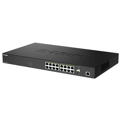 Ein schwarzer D-Link-Netzwerk-Switch mit 16 Ethernet-Ports und Indikatorleuchten, entwickelt zur Verwaltung von Datenverbindungen in Netzwerken.