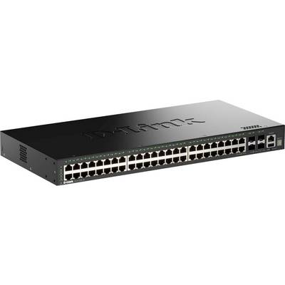 Ein D-Link-Netzwerk-Switch mit 48 Ethernet-Anschlüssen und LED-Anzeigen auf der Frontplatte, der üblicherweise zum Verbinden mehrerer Geräte in einem Netzwerk verwendet wird.