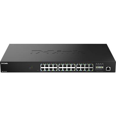 Ein schwarzer D-Link Netzwerk-Switch mit 24 Ethernet-Ports und vier zusätzlichen Modulen. Das D-Link-Logo ist an der Oberseite eingeprägt.