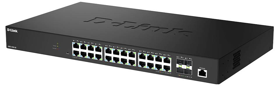 Ein schwarzer Netzwerk-Switch mit 24 Ethernet-Ports und LED-Anzeigen auf der Frontplatte, mit der Beschriftung "D-Link".