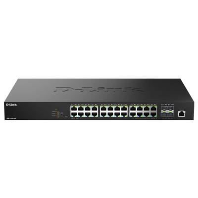 Schwarzer D-Link Netzwerk-Switch mit 24 Ethernet-Anschlüssen, 2 Gigabit-Ports und Statusanzeigen auf der linken Seite, verwendet für Datennetzwerke.