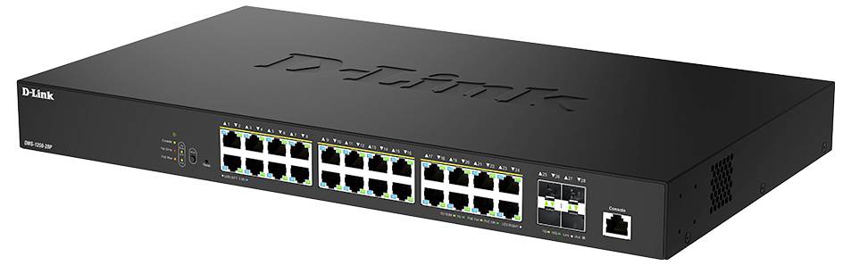 Ein D-Link Ethernet-Switch mit 24 Ports, vorderen LED-Anzeigen und einem schwarzen Metallgehäuse.