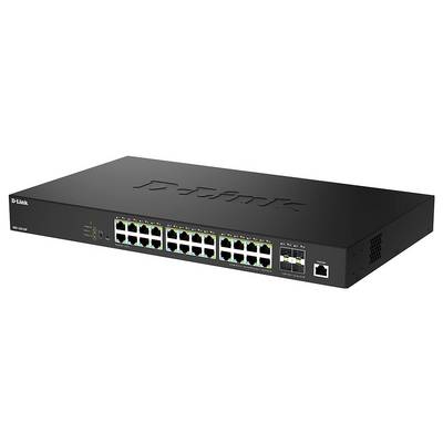 Ein D-Link Ethernet-Switch mit 24 Ports, vorderen LED-Anzeigen und einem schwarzen Metallgehäuse.
