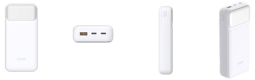 Ein weißes Powerbank mit mehreren USB-Anschlüssen, aus verschiedenen Blickwinkeln gezeigt.