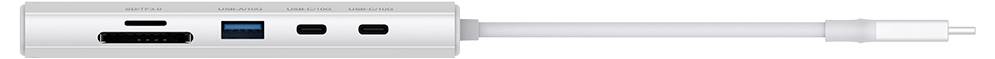 Ein weißer Adapter mit USB-, HDMI-, USB-C-Anschlüssen auf der einen Seite und einem USB-C-Stecker auf der anderen Seite.